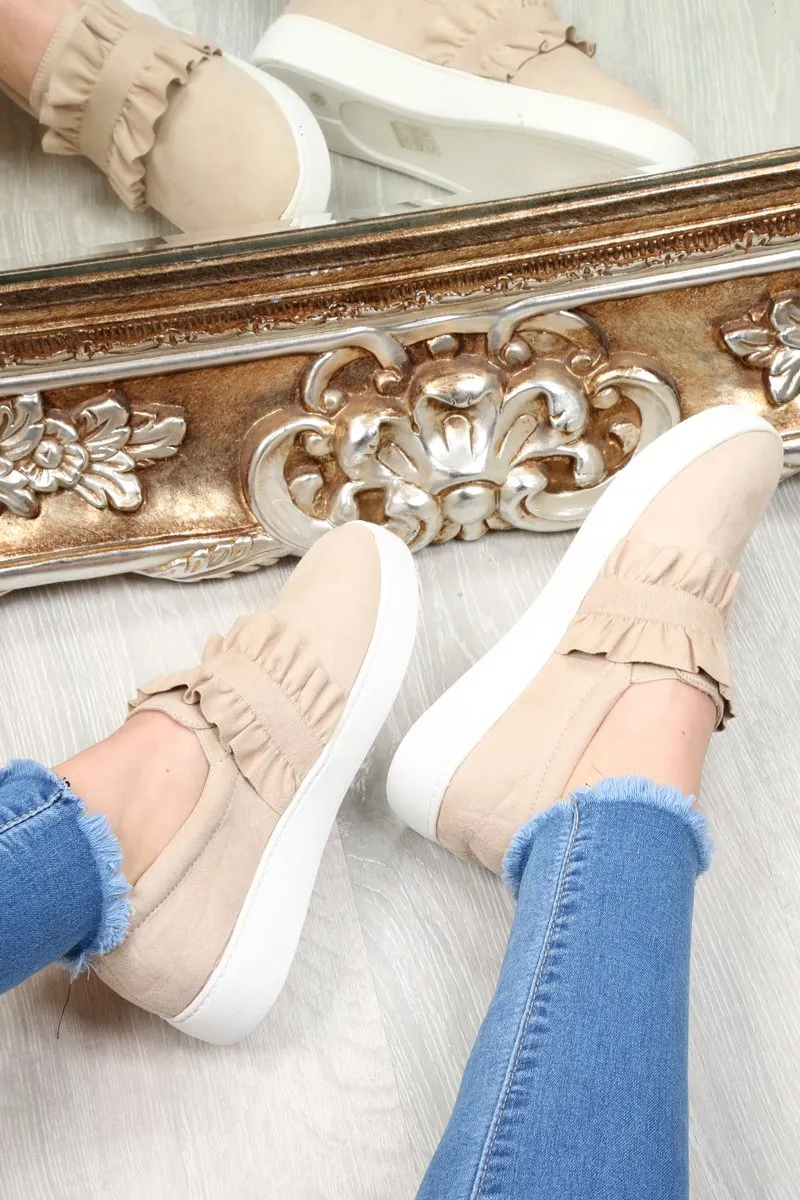 Beige Faux Suede Frill Slip On Trainers - Nara