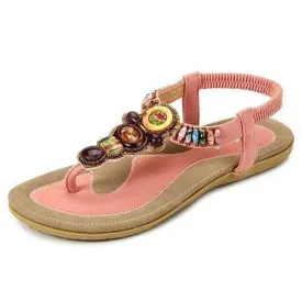 Big Size Bohemia Bead Clip Toe Elastic Flat Beach Flip Flops Sandals