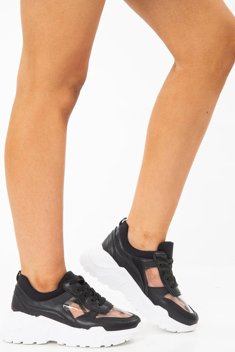 Black Clear Insert Lace Up Chunky Trainers - Shayli