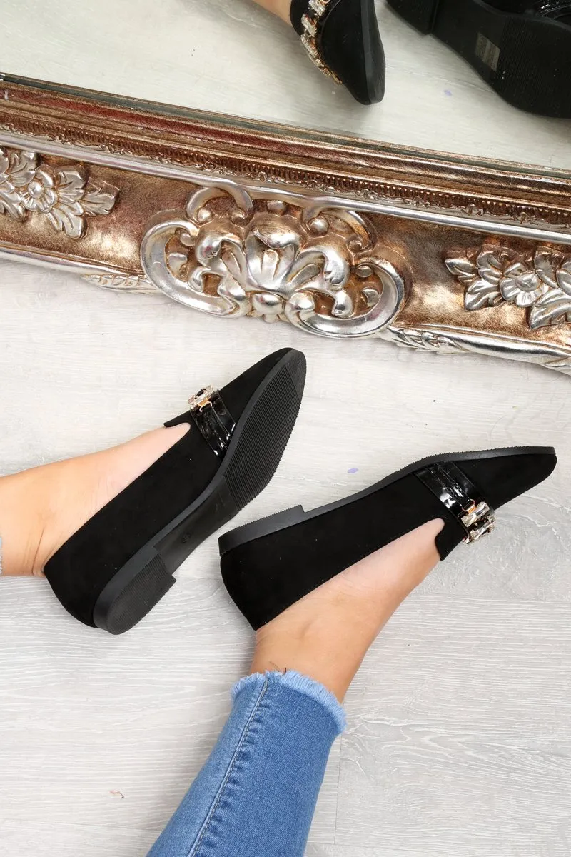 Black Faux Suede Jewel Front Flats - Hadley