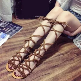 Bohemia Peep Toe Lace Up Roman Gladiator Knee High Sandals