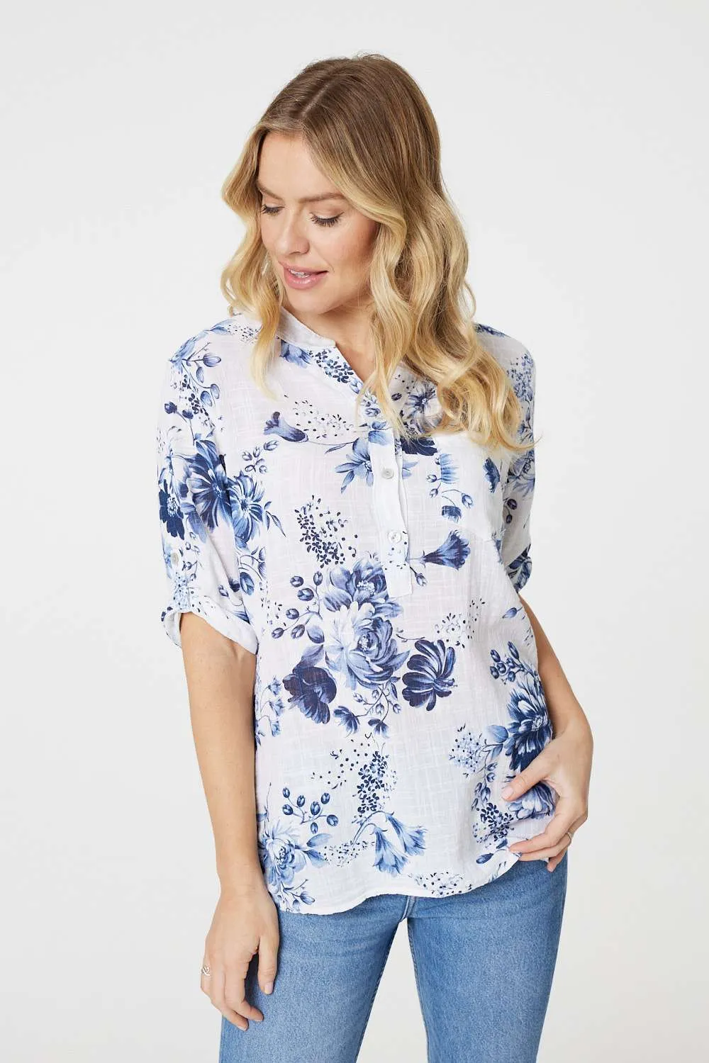 Floral Roll Sleeve Blouse Top