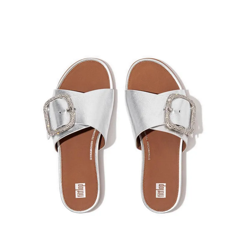 Gracie Crystal Maxi-Buckle Metallic-Leather Slides - Silver