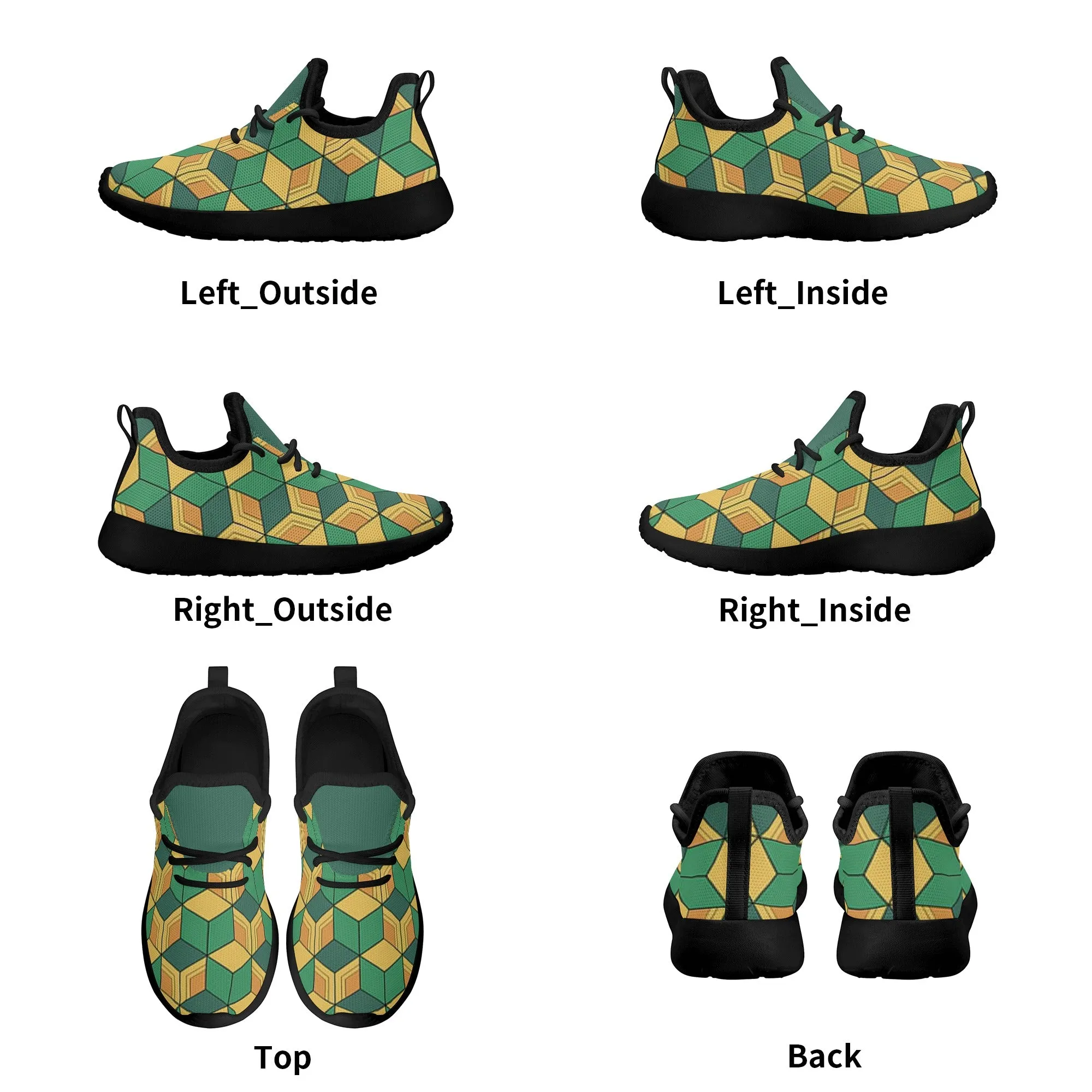 Kids Running Shoes | Mesh Knit Sneakers for kids 7-12 | Anime Slayer of Demon | Green Yellow Pattern