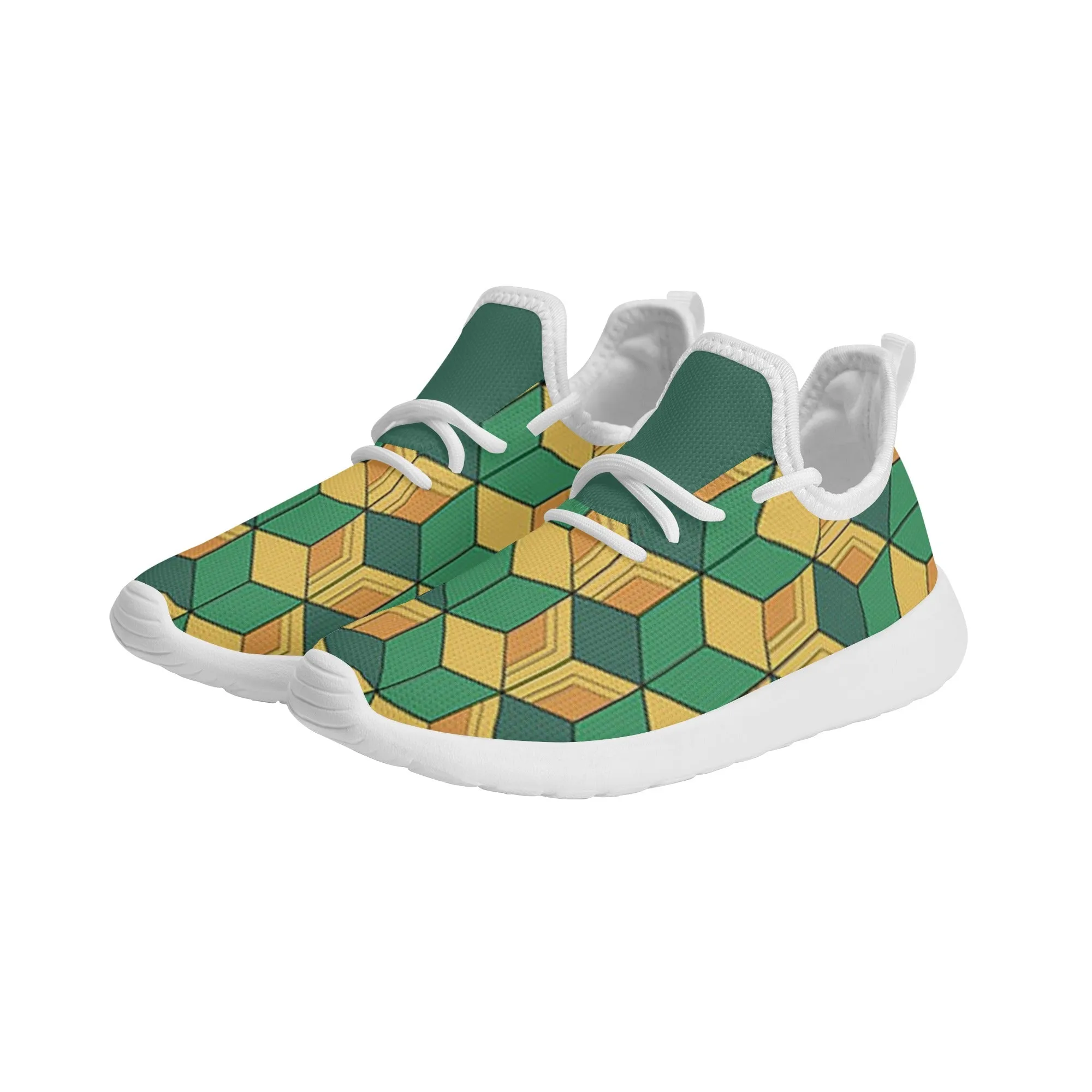 Kids Running Shoes | Mesh Knit Sneakers for kids 7-12 | Anime Slayer of Demon | Green Yellow Pattern