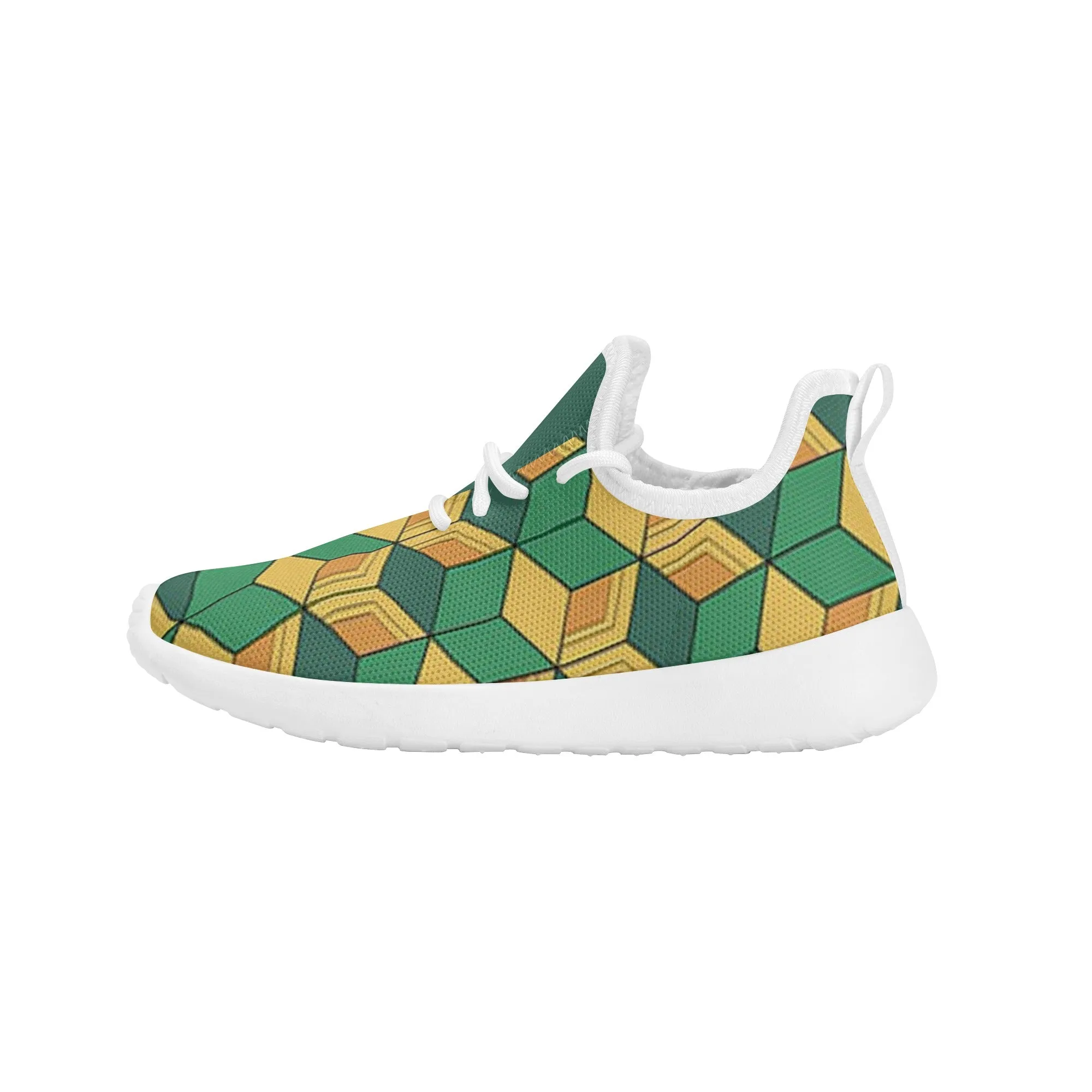 Kids Running Shoes | Mesh Knit Sneakers for kids 7-12 | Anime Slayer of Demon | Green Yellow Pattern