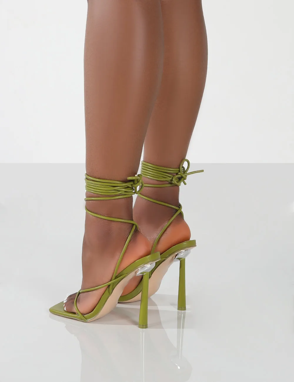 Lacey Olive PU Square Toe Strappy Lace Up Stiletto Heels