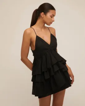 Lucia Tiered Mini Dress in Linen Black