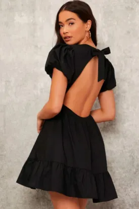 Puff Sleeve Ruffle Hem Bow Backless Dress