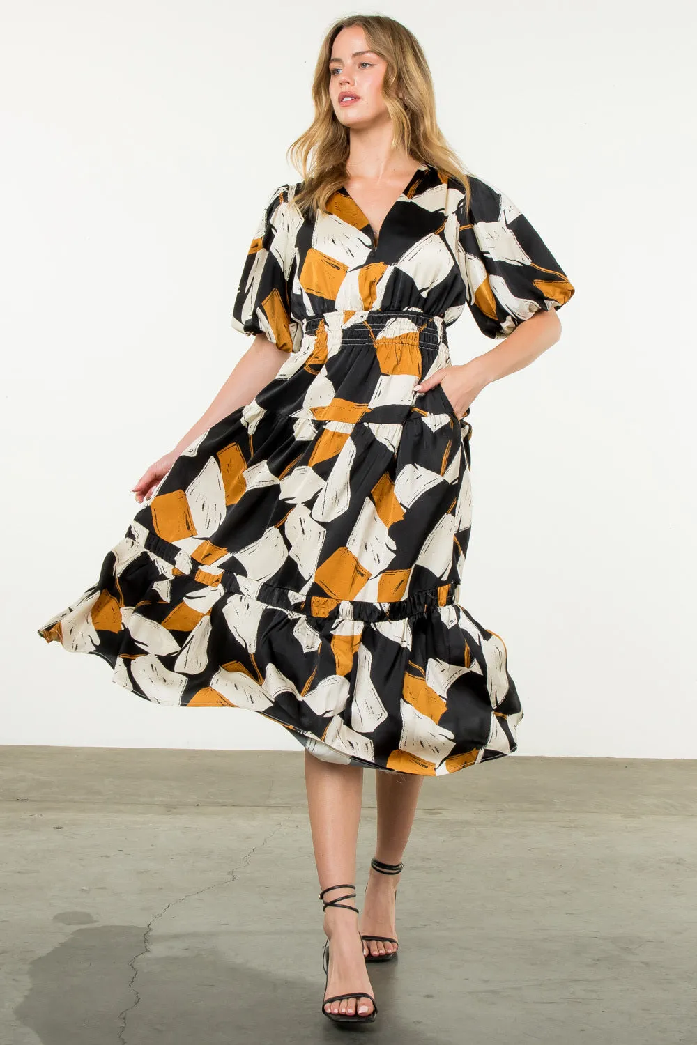 Puff Sleeve Tiered Print Dress