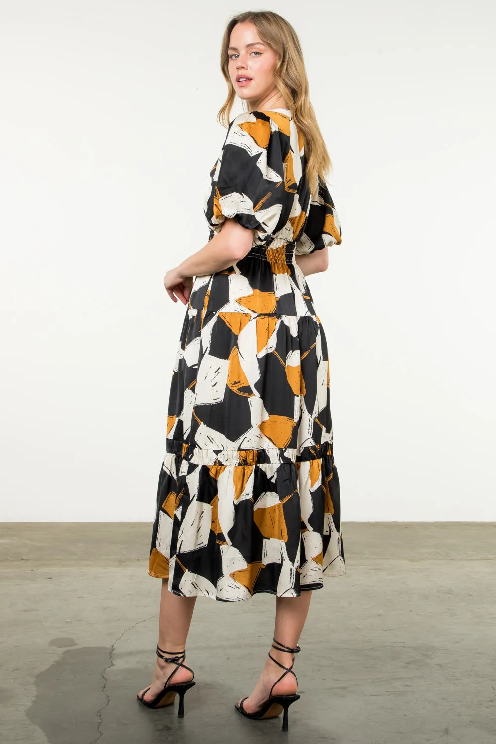 Puff Sleeve Tiered Print Dress