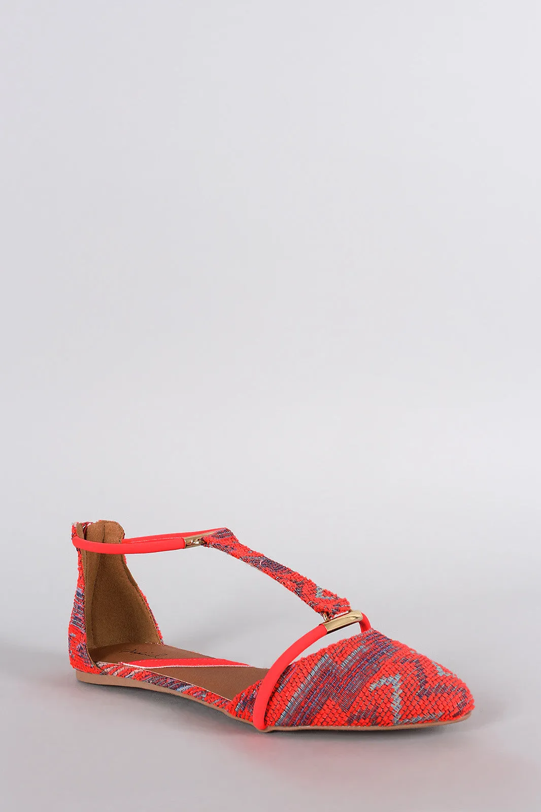 Qupid Neon Tribal T-Strap Almond Toe Flats