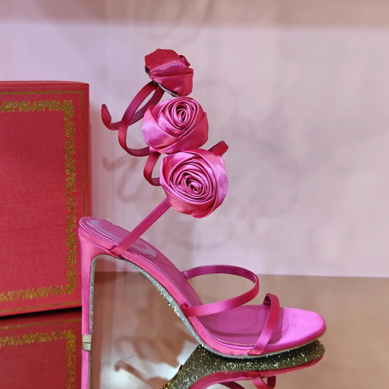 Rose Flower Snake Shaped Silver Sole Sandals