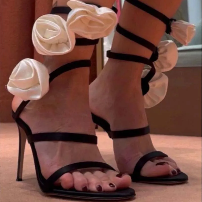 Rose Flower Snake Shaped Silver Sole Sandals