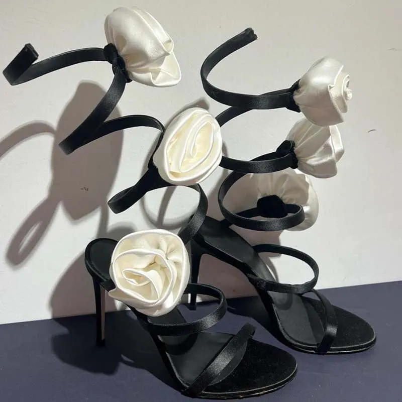 Rose Flower Snake Shaped Silver Sole Sandals