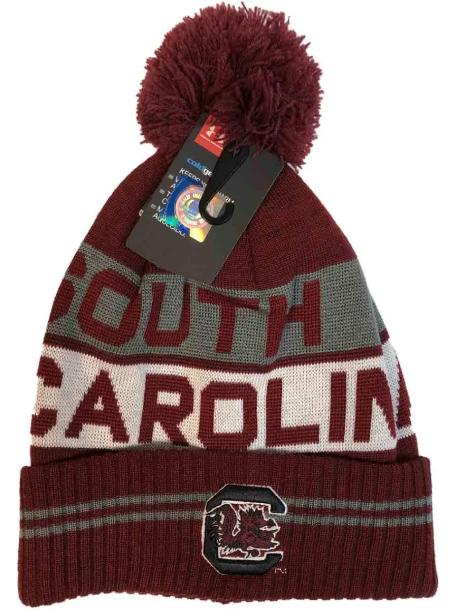 South Carolina Gamecocks Under Armour Garnet Red Sideline Pom Pom Beanie Hat Cap