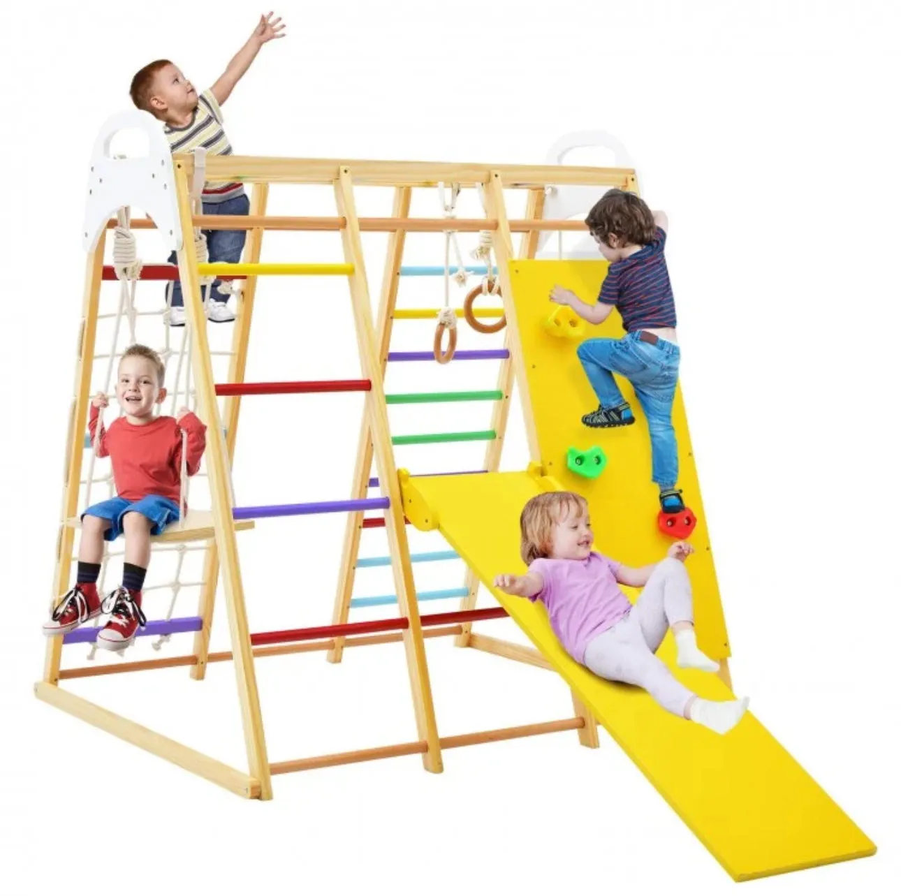 Super Cool Wooden 8-in-1 Kids Jungle Gym Playground | Monkey Bars | Climbing | Ladder | Swing | Rings | Slide | Holds 530lbs | Playground