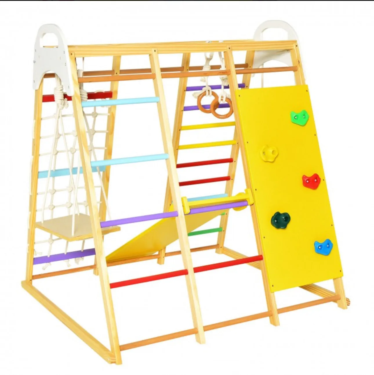 Super Cool Wooden 8-in-1 Kids Jungle Gym Playground | Monkey Bars | Climbing | Ladder | Swing | Rings | Slide | Holds 530lbs | Playground