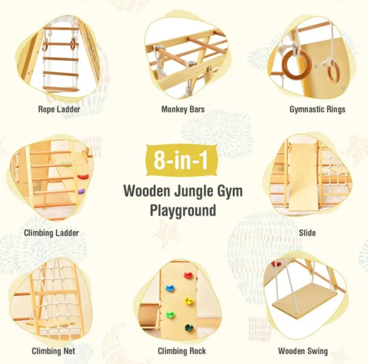 Super Cool Wooden 8-in-1 Kids Jungle Gym Playground | Monkey Bars | Climbing | Ladder | Swing | Rings | Slide | Holds 530lbs | Playground